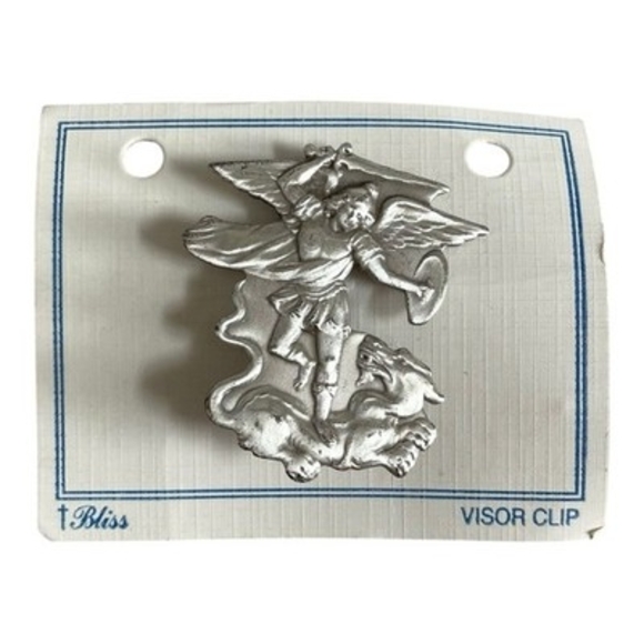 Bliss St Michael Archangel Visor Clip Antique Silver Pewter USA Auto New - Picture 1 of 3